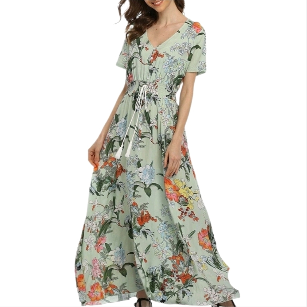 Amzplus Dress Floral Smocked Boho Tassled Tie Front Maxi Green Plus Size 3XL